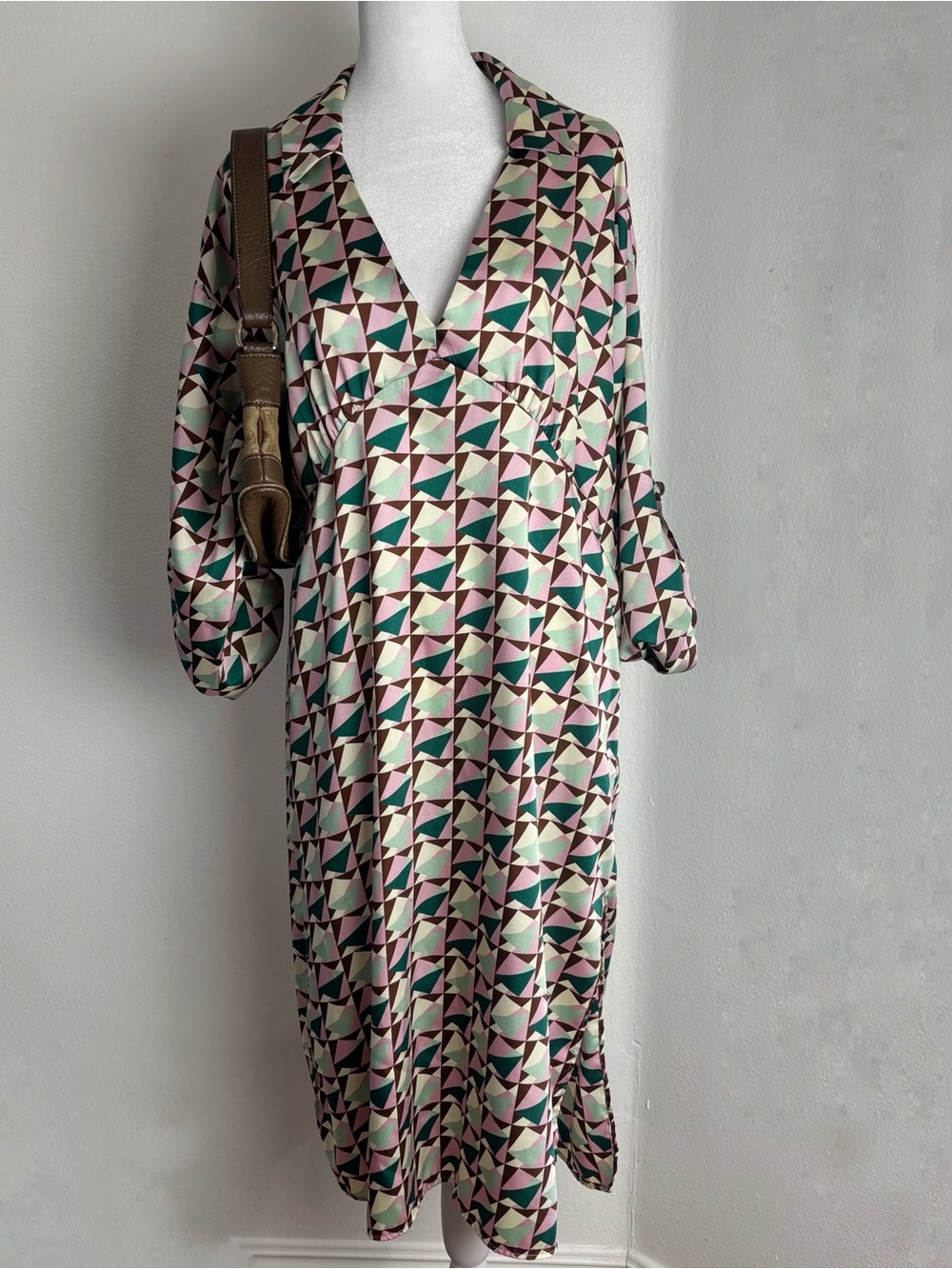 Zara Geometric Print Midi Dress Size Medium Pink Green